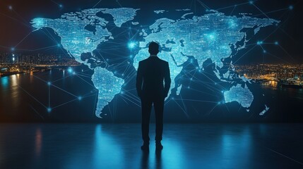 A businessman standing in front of a digital world map with network connections, indicating global business reach.