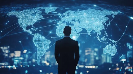 A businessman standing in front of a digital world map with network connections, indicating global business reach.