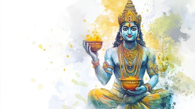 3D Watercolor Image of Lord Dhanvantari Holding a Potion - Hindu Deity Art