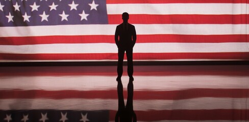 Silhouette of a Man Before a Giant American Flag: A Patriotic and Powerful Scene Symbolizing Leadership and National Pride