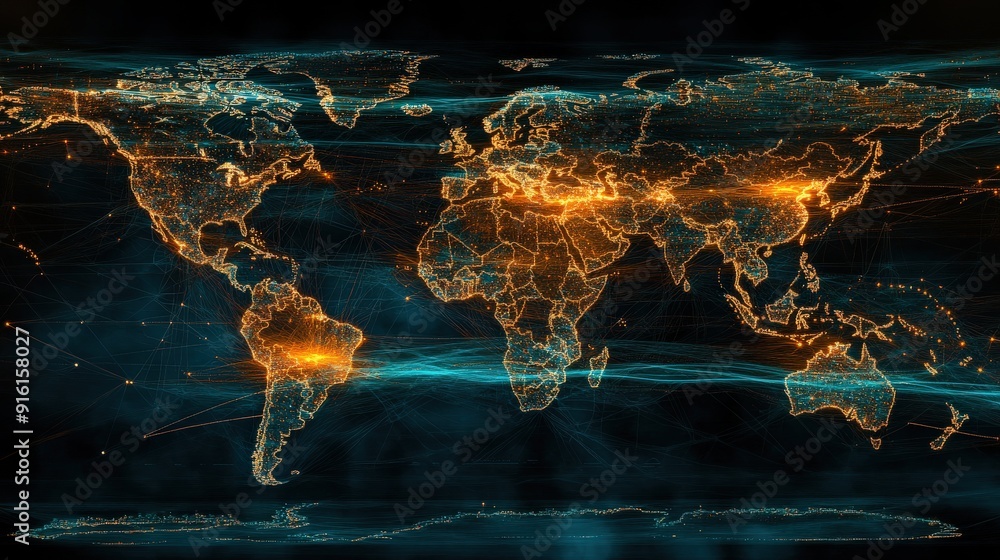 Poster a world map with highlighted trade routes,data network, representing global logistics and internatio