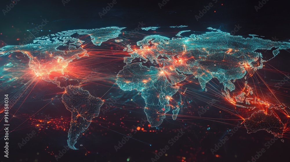 Aufkleber a world map with highlighted trade routes,data network, representing global logistics and internatio