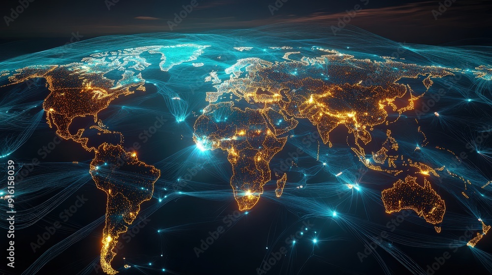 Poster a world map with highlighted trade routes,data network, representing global logistics and internatio