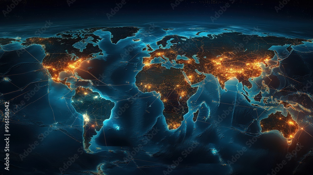 Aufkleber a world map with highlighted trade routes,data network, representing global logistics and internatio