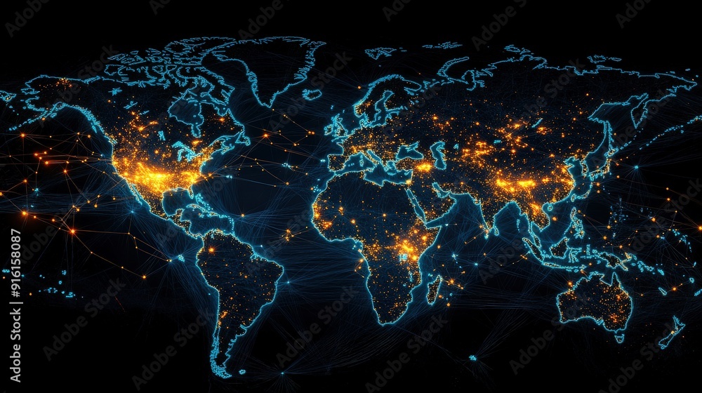 Poster a world map with highlighted trade routes,data network, representing global logistics and internatio