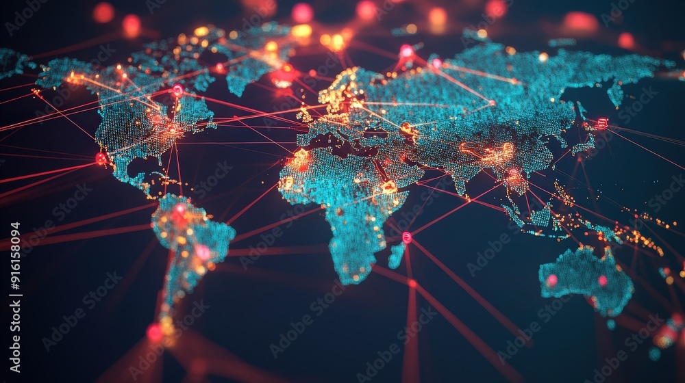 Poster a world map with highlighted trade routes,data network, representing global logistics and internatio