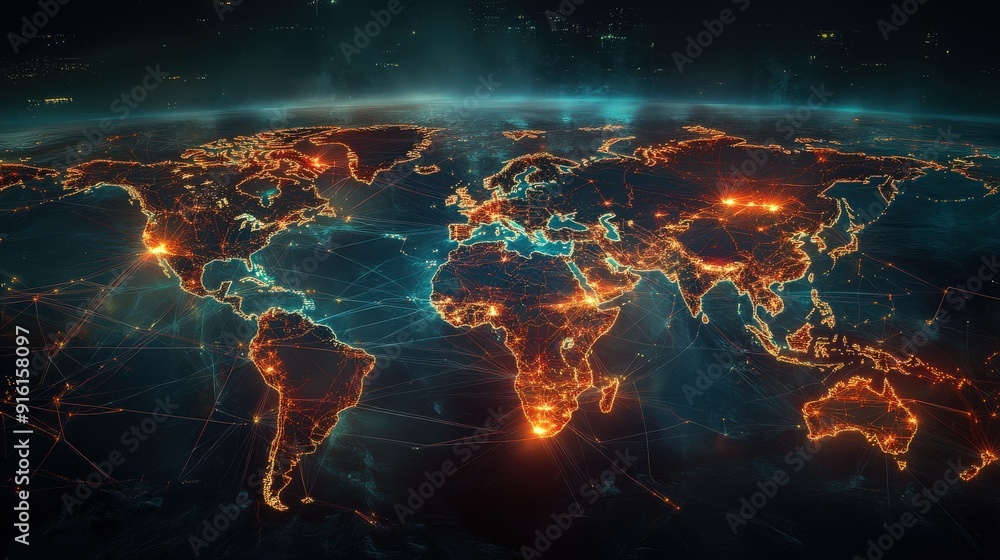 Poster a world map with highlighted trade routes,data network, representing global logistics and internatio
