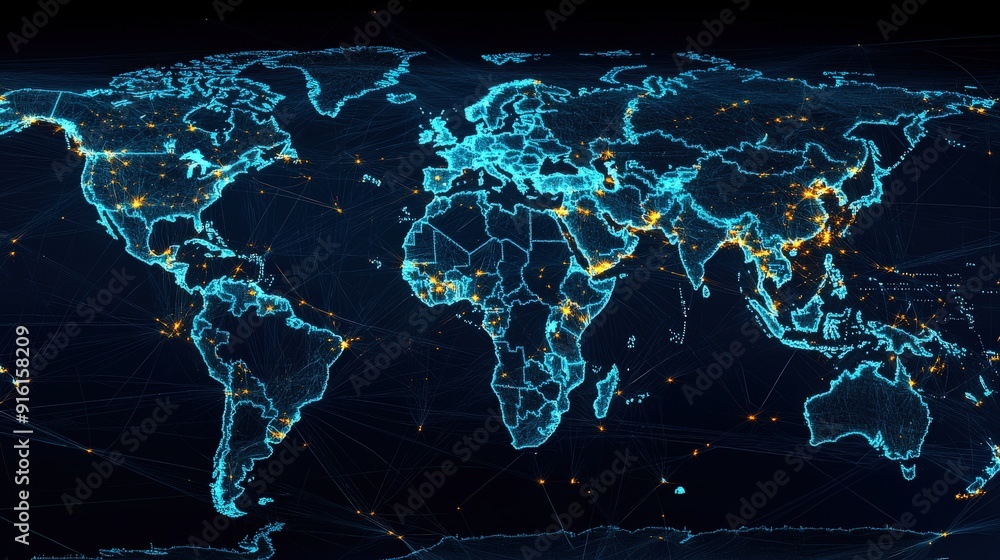Poster a world map with highlighted trade routes,data network, representing global logistics and internatio