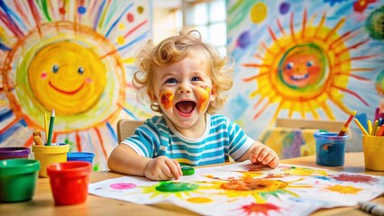 Fototapeta premium A toddler with chubby cheeks, grinning widely, is at the center of an artistic mess. Their face is covered in paint, and the small table is cluttered with crayons, paintbrushes, and paper.