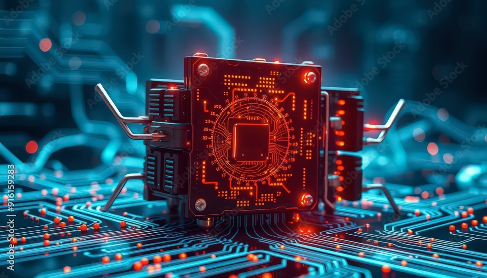 Poster circuit board with processor chip.