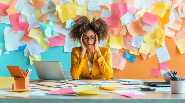 Overwhelmed by Tasks: A woman sits at her desk, surrounded by a sea of sticky notes and paperwork, her hands covering her face in a relatable moment of office stress. - Powered by Adobe