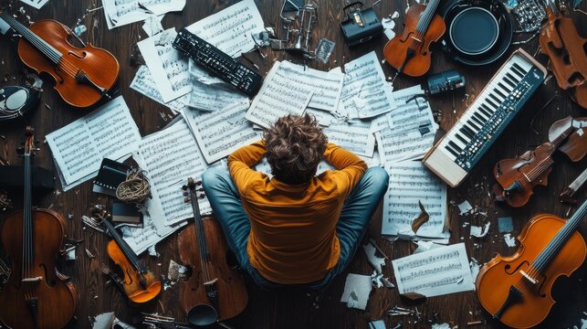 Composer's Block: A musician sits dejected amidst a chaotic symphony of instruments and sheet music, grappling with creative burnout. - Powered by Adobe