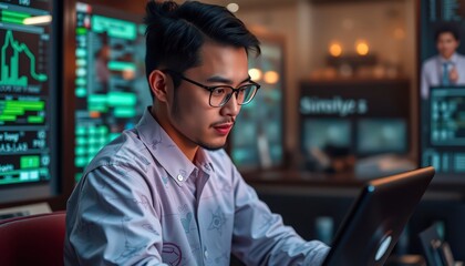Young businessman working on laptop in office.
