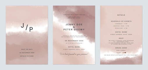 Wedding invitation template set, minimalist watercolor paintings in elegant brown tones