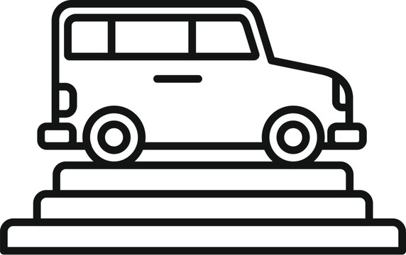 recommend clip art: Line art icon of a minivan on top of a podium, representing a brand new vehicle for sale