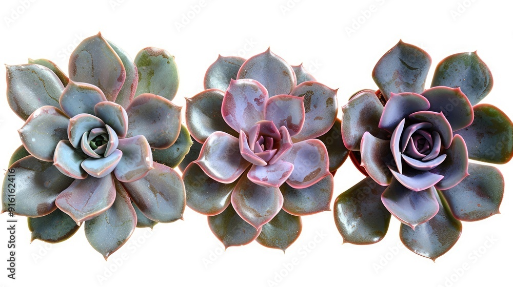 Wall mural Three isolated Echeveria succulents without pots on a clear background, top view, ideal for interior or garden decor