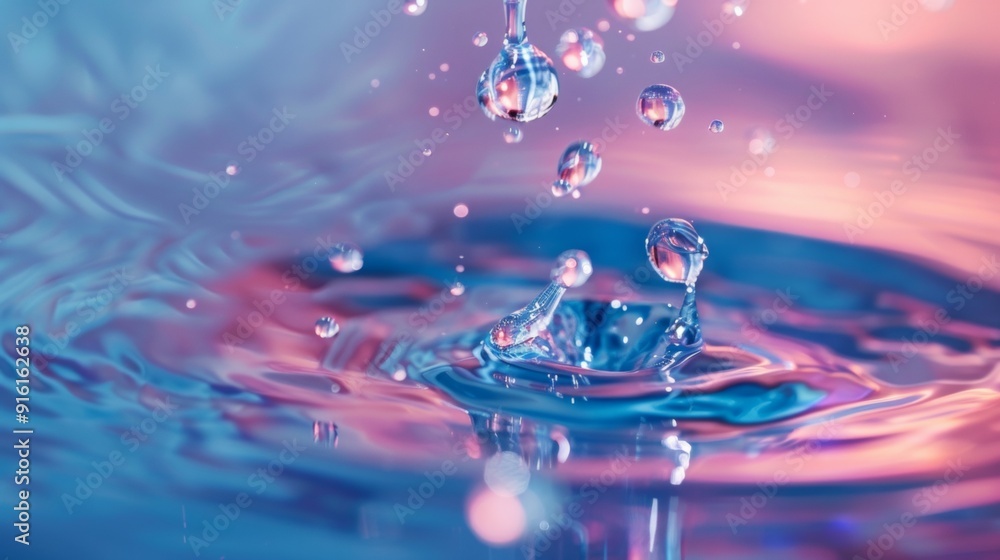 Poster water droplets splashing with colorful ripples in abstract background