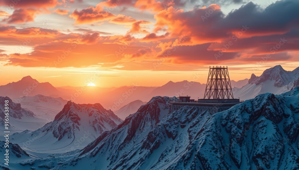 Wall mural mountaintop sunrise with tower.