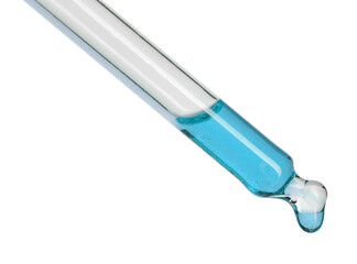 Dropper with light blue cosmetic oil on white background