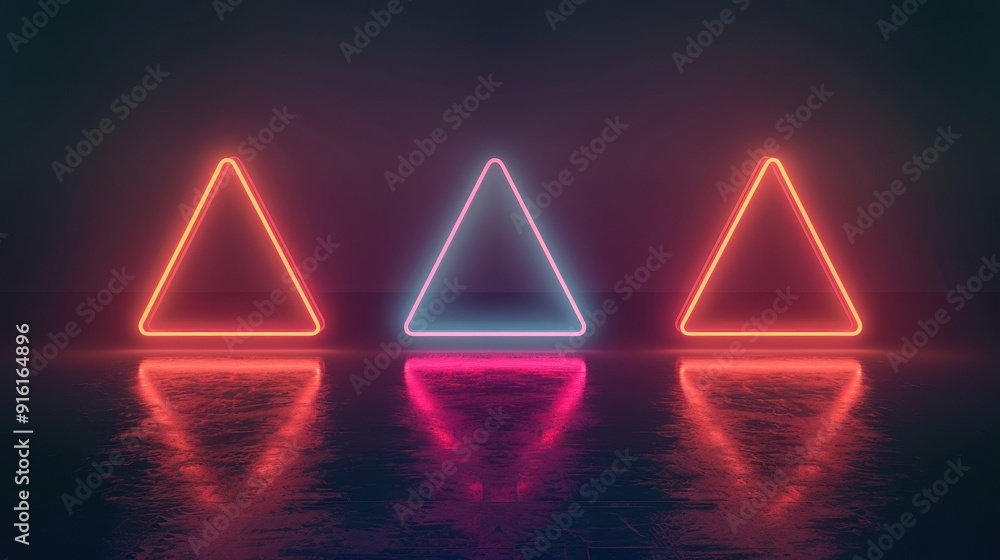 Poster three neon triangles glowing on a dark reflective surface, creating a futuristic and vibrant aesthet