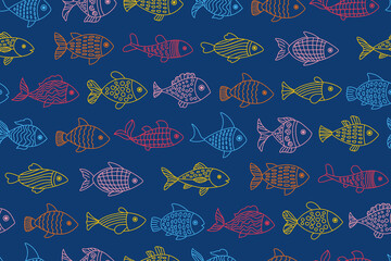 Marine underwater wallpaper, seamless pattern with doodle fish. Cartoon linear sea fish and seaweed coral boundless background. Childish simple endless design for print fabric textile wrapper template