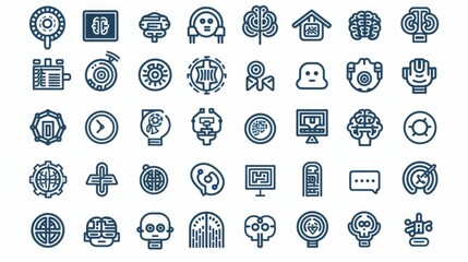 Obraz premium A set of 40 AI-related line icons, featuring brains, robots, and other symbols of artificial intelligence.