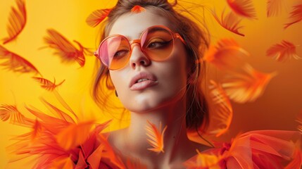 Obraz premium Fashionable woman in orange sunglasses with matching background