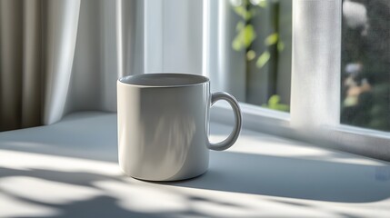 Obraz premium White mug on a smooth white surface, with soft morning light coming through the window