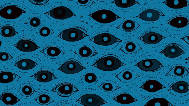 Stop motion loop hand drawn animation, black background with blue eyes in different sizes, abstract mysterious paranoia background