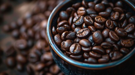 Fototapeta premium Coffee beans in a ceramic cup with scattered beans in the background