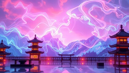 Japanese Pagoda with Neon Lights and Swirling Clouds