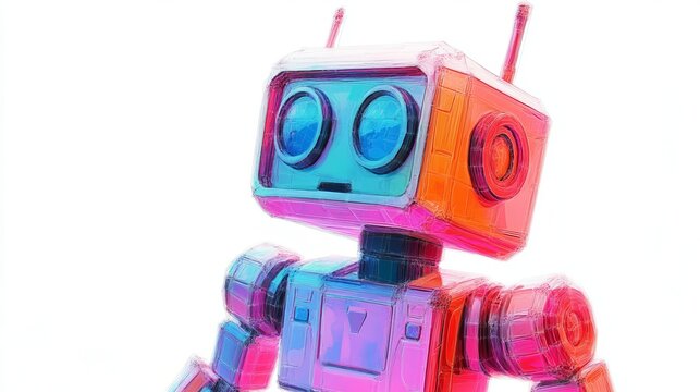 3D Watercolor Toy Robot with Bold Outlines - Isolated Illustration