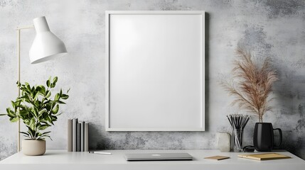 Poster in a white frame, displayed on a minimalist desk with a neutral background