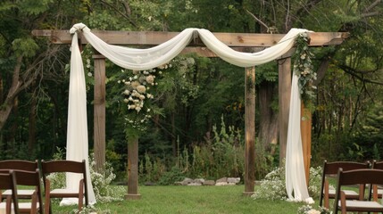 Naklejka premium Wooden arch adorned with white fabric, flowers, and greenery at wedding ceremony center. Brown chairs alongside.