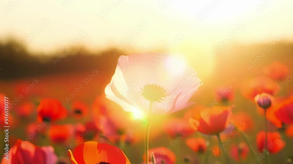 Poster a sea of bright red and pink poppies gently swaying in the gentle breeze and glowing under the warm 