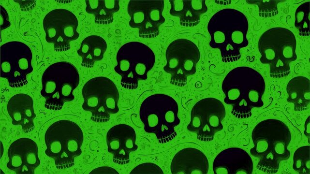 Stop motion loop hand drawn animation, black background with green skulls in different sizes, abstract halloween skeletons background