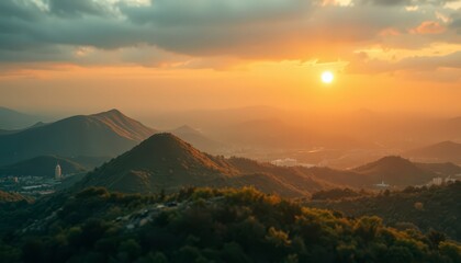 Golden Sunset Over Mountain Landscape.