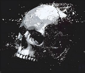 A skull made of particles, floating in space in a minimalistic and glitch art style with a white on black background and pixelated in the retro style.