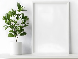 Minimalist poster in a white frame, displayed on a simple shelf with a single plant