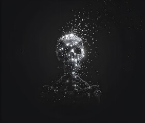 A black and white vector illustration of an x-ray head made out of small glowing particles, minimalistic design with a dark background, pixel art style.