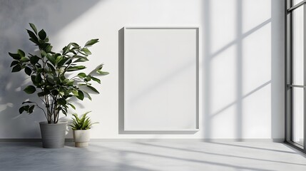 Minimalist poster in a white frame, standing on a light grey floor against a white wall