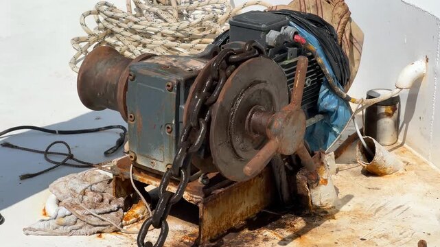 Close up of an Anchor winch mechanism lowering the chain noisily. Mooring winch on a forward of a ferry with chain in drum. Mechanical device equipment for ship mooring in port. Mooring chain windlass