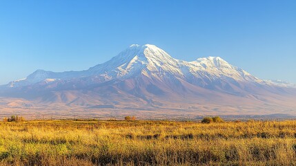 Fototapeta premium Panoramic View of Snow-Capped Mount Ararat: Majestic Peaks Rising Above the Landscape Under a Clear, Crisp Sky