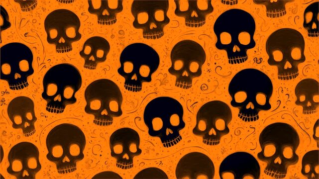 Stop motion loop hand drawn animation, black background with orange skulls in different sizes, abstract halloween skeletons background