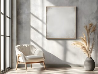 White frame with a minimalist design, displayed on a neutral-colored wall in a simple room