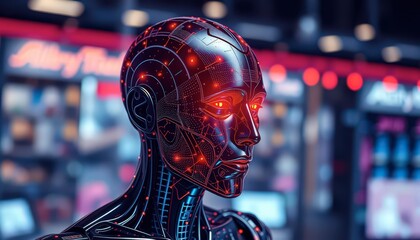 Obraz premium Artificial Intelligence Robot Head in Futuristic City