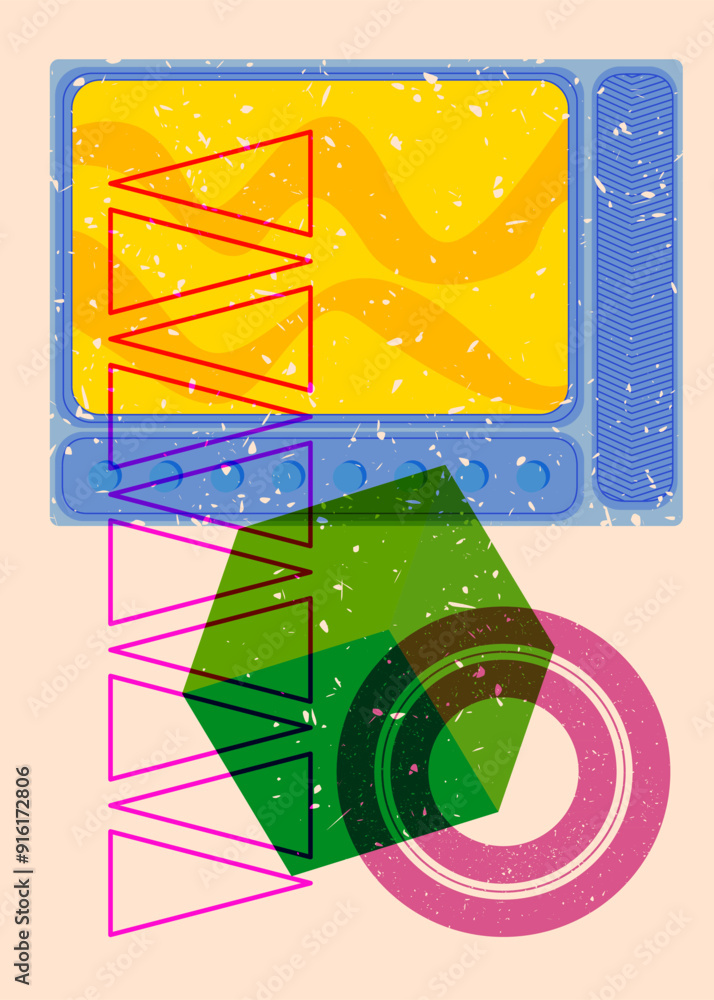 Poster risograph television with geometric shapes. objects in trendy riso graph print texture style design 