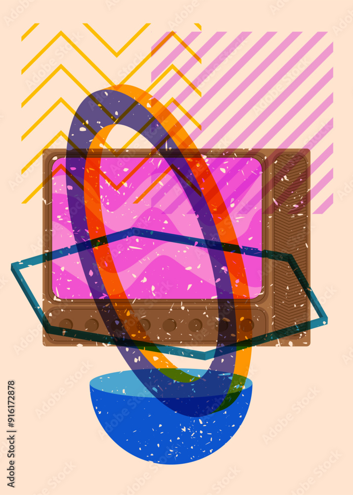 Poster risograph television with geometric shapes. objects in trendy riso graph print texture style design 