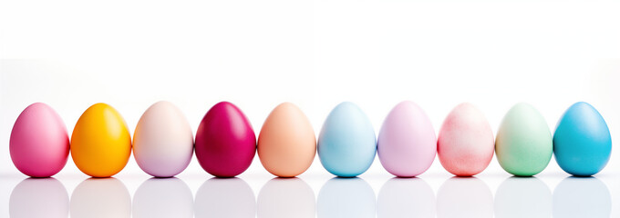 A row of colorful decorative eggs on a reflective surface.