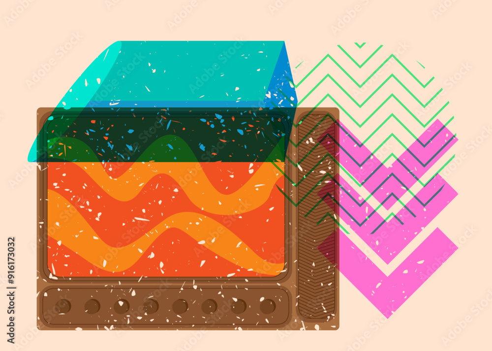 Poster risograph television with geometric shapes. objects in trendy riso graph print texture style design 